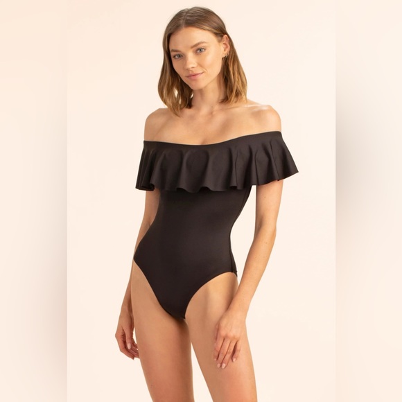 SOLD Trina Turk Black Monaco Bandeau Off Shoulder One Piece Swimsuit M Size 6 - Picture 1 of 8